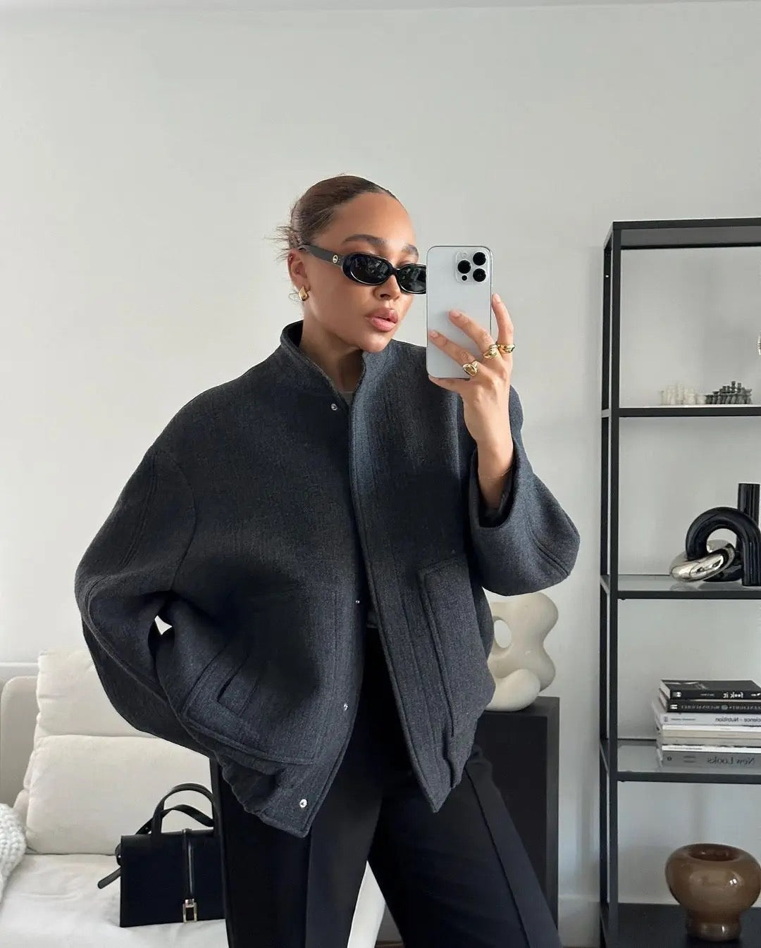 Johanna | Moderiktig grå tweed-vinterjacka